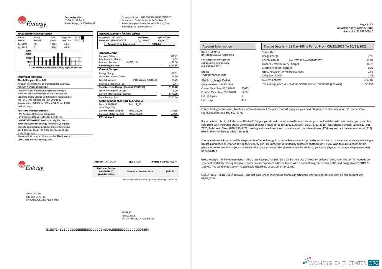 download USA Entergy electricity utility bill template in Word and PDF format (2 pages) PDF template
